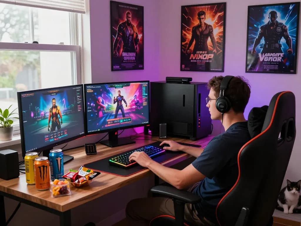 Engaged adult playing various porngames in a cozy gaming nook with colorful lighting.