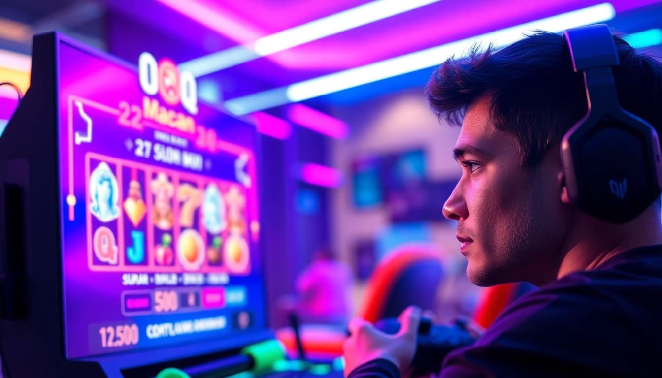 Main character engaged in the qq macan game with vibrant graphics on screen, exuding excitement.