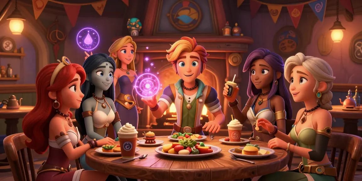 Vibrant scene depicting 3D hentai game characters in a cozy harem environment filled with magical interactions.