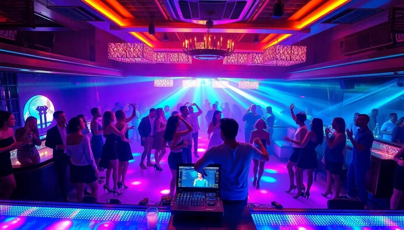 Night club sxm scene with vibrant atmosphere and stylish patrons dancing at Club Noir.