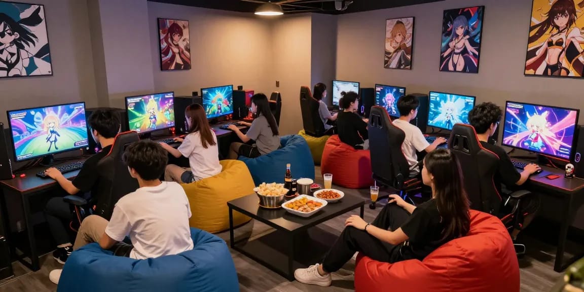 Engaged players enjoying hentai games in a vibrant gaming lounge.