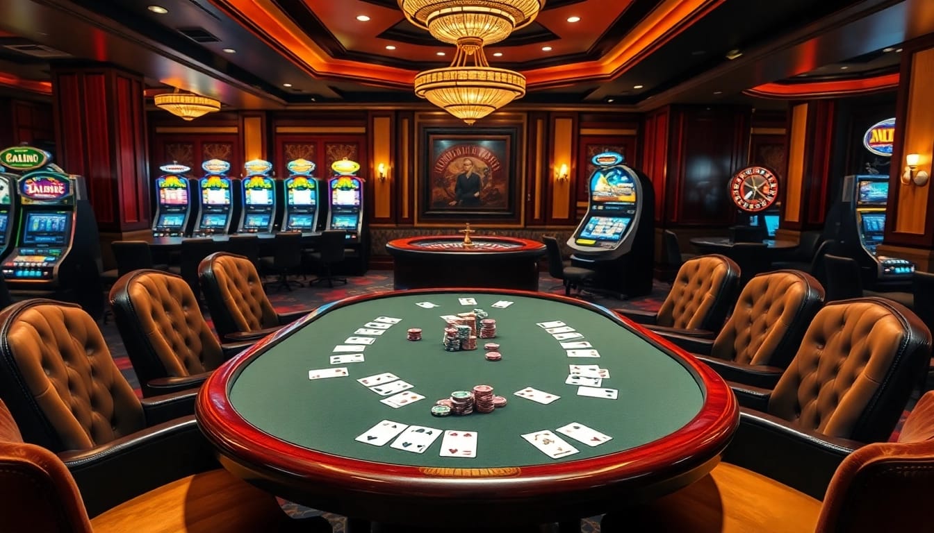 Bancadoithuong casino scene with vibrant poker table and spinning roulette wheel.