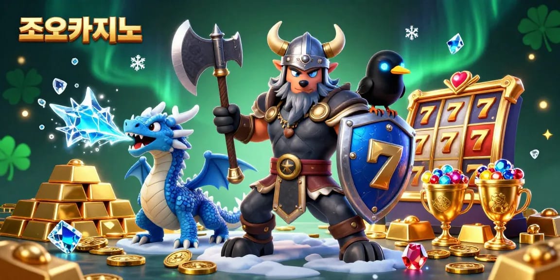 Experience thrilling adventures at 조이카지노 with a dynamic scene of a Viking warrior, dragon, and treasure elements.