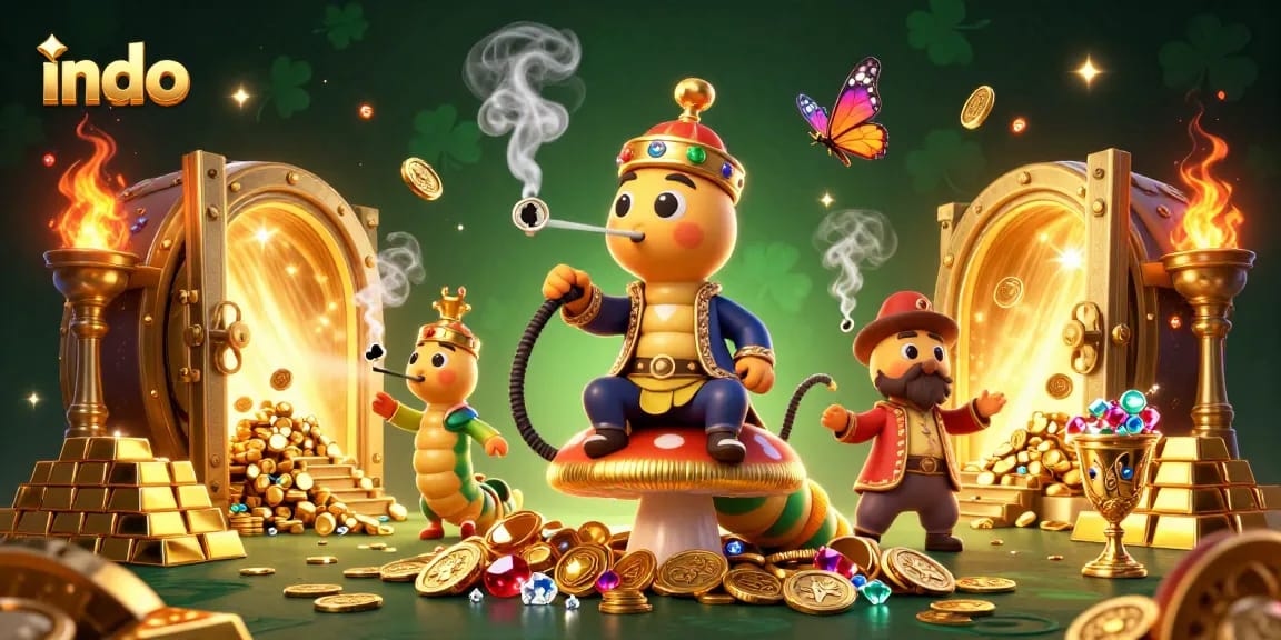 Play exciting games at indo with vibrant casino-themed illustration featuring golden treasures.