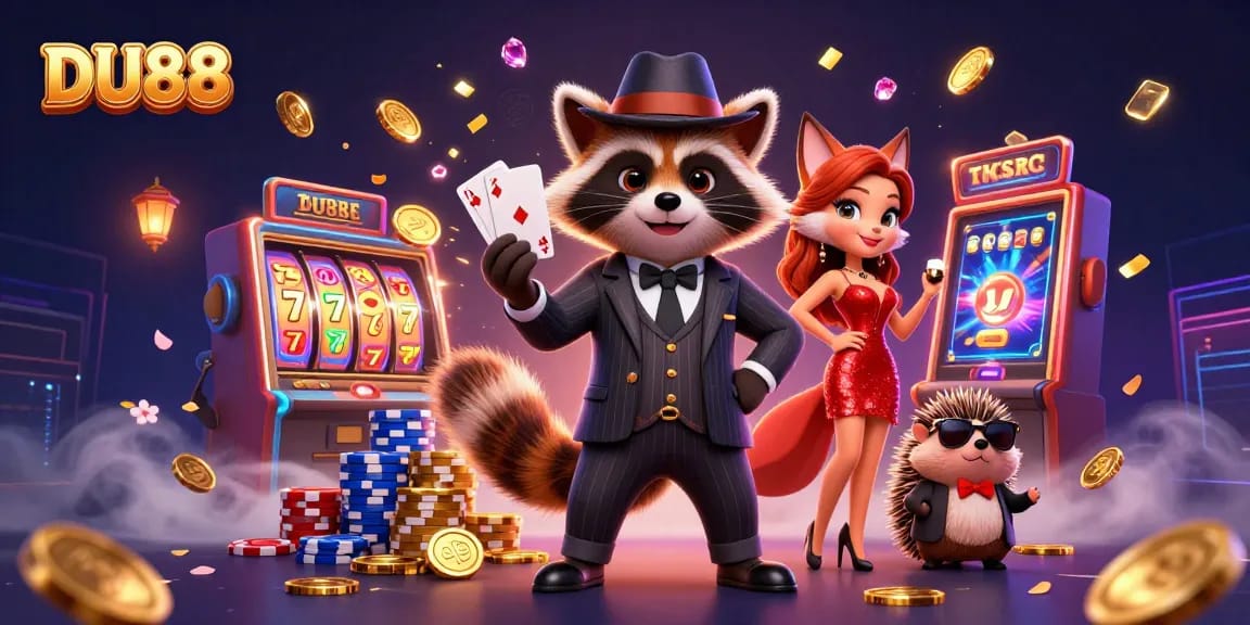 Engage with DU88's thrilling slot games, featuring a charming raccoon, fox lady, and hedgehog bouncer.
