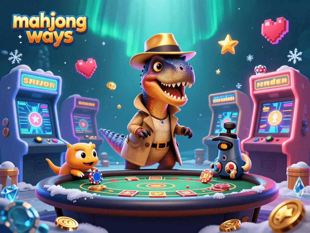 Engage in mahjong ways with a vibrant 3D scene featuring cartoon dinosaurs at a lively casino table.