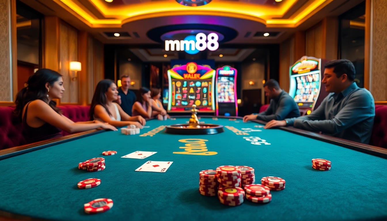 Engaged players strategizing bets at an mm88 casino table filled with poker chips and cards.