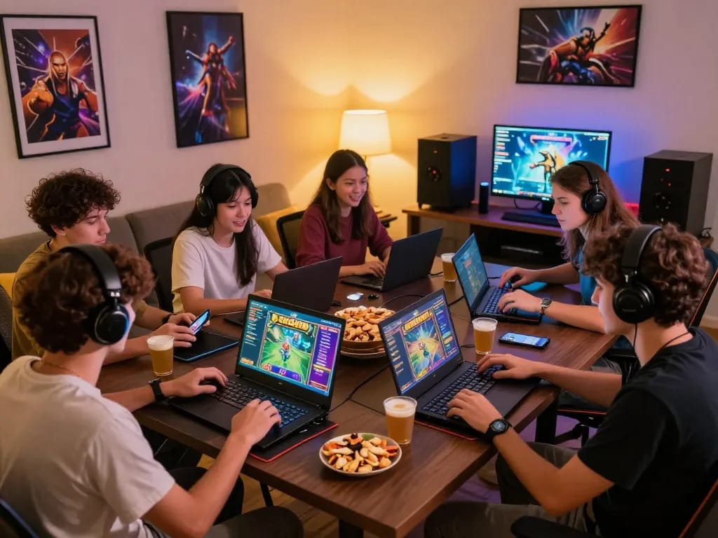 Players enjoying a slot gacor gaming session with vibrant screens and cozy atmosphere