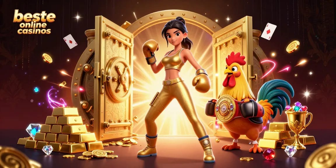 Highlight the beste online casinos with a dynamic scene featuring a strong female fighter alongside a championship rooster and poker elements.