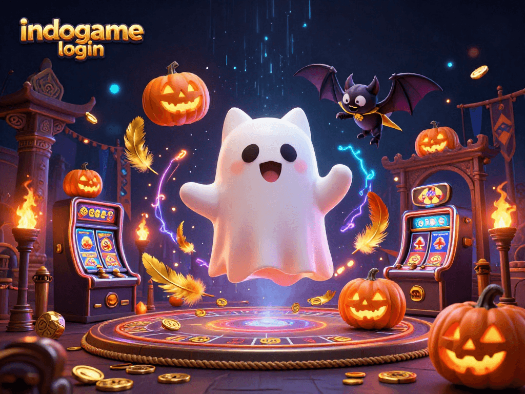 Engage with indogame login to play thrilling casino games surrounded by a whimsical ghost cat and magical elements.