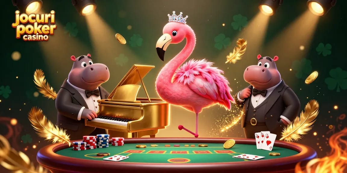 Jocuri poker casino cu flamingo cântăreț și hipopotam basist, ambient atrăgător.