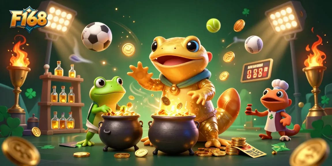 Bet on F168 with a vivid scene depicting a golden salamander and sports elements galore.