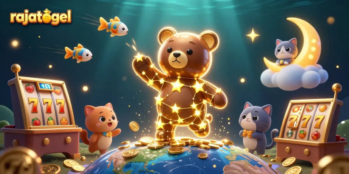 Rajatogel menampilkan beruang bintang mengumpulkan koin dalam permainan slot yang meriah.