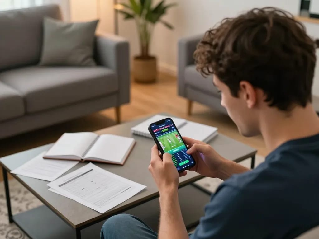 Person intensely analyzing tỷ lệ bóng đá trực tuyến on smartphone, surrounded by betting strategy notes in cozy living room
