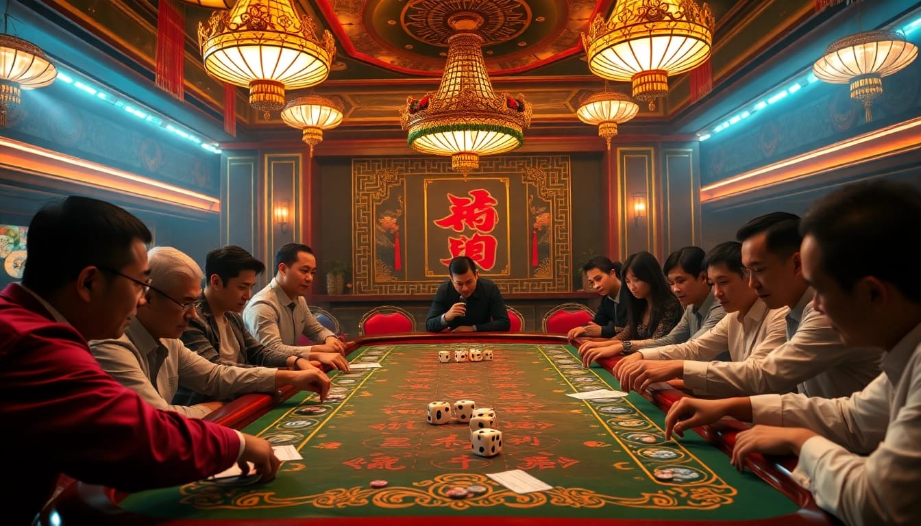 Tai Xiu players engaged in high-stakes action at a glamorous casino table, showcasing dice and betting slips.