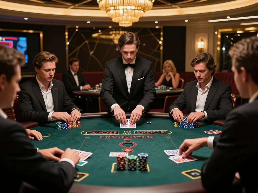 Players engaged in strategic blackjack gameplay at 388bet's upscale casino.