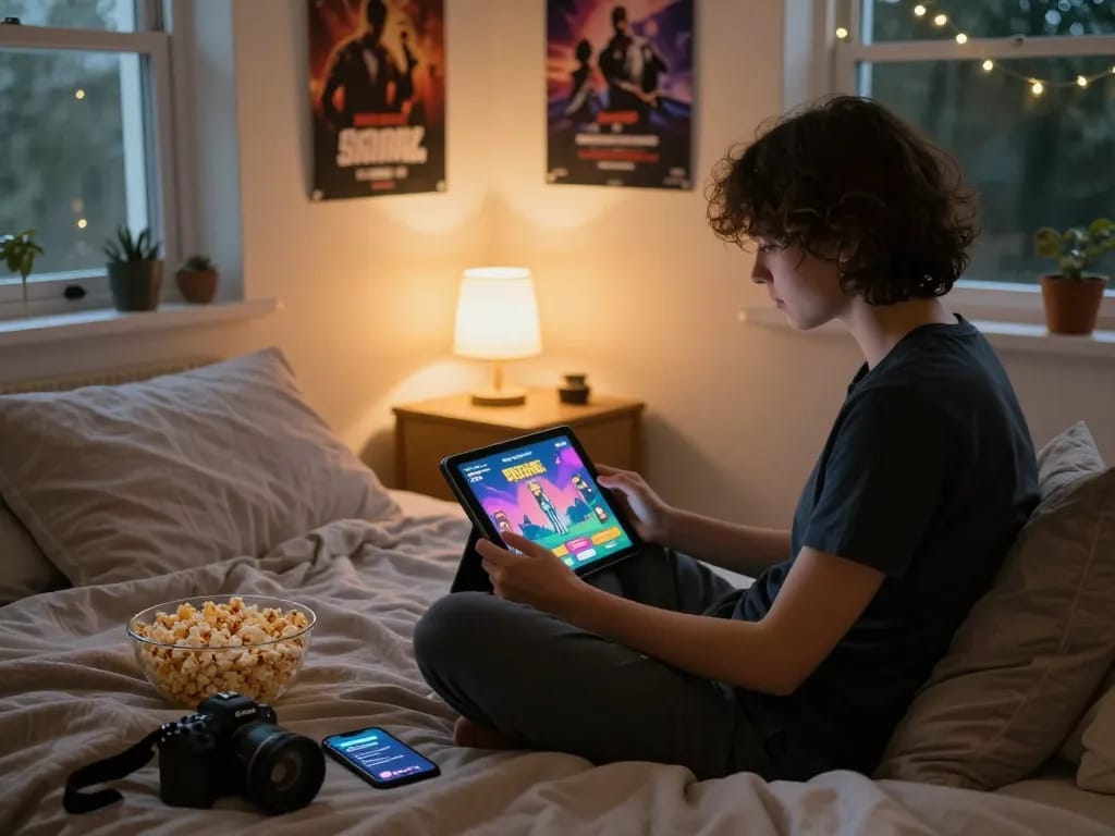 Engaging in free porn games on a tablet in a cozy bedroom.