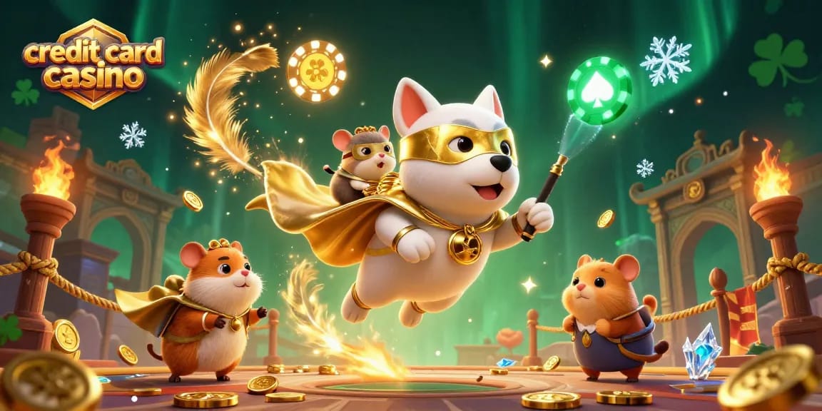 Watch superhero dog and hamster represent credit card casino with colorful action in a packed 3D scene.