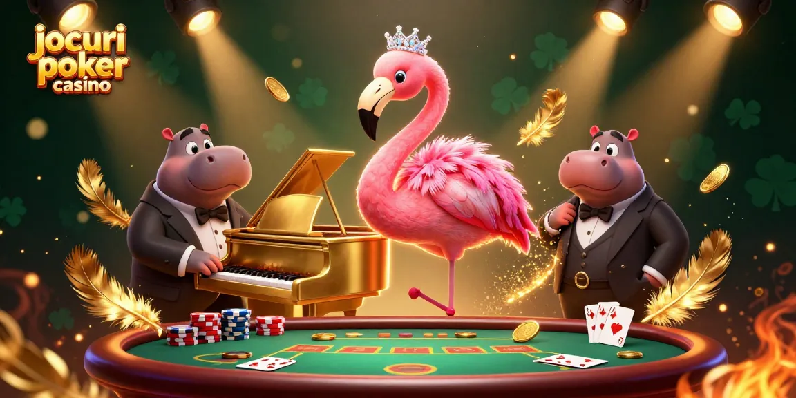 Jocuri poker casino cu flamingo cântăreț și hipopotam basist, ambient atrăgător.