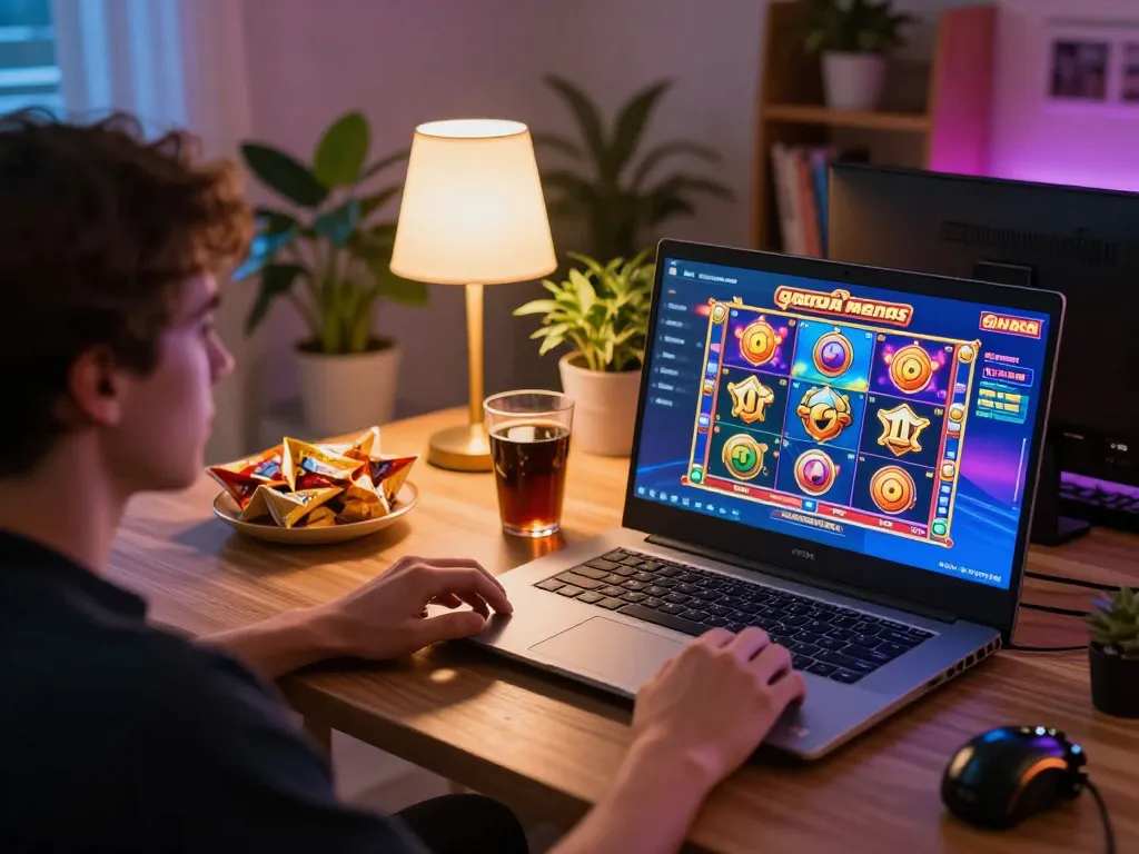 Engaged in slot gacor gampang menang action at home, showcasing vibrant online casino setup.