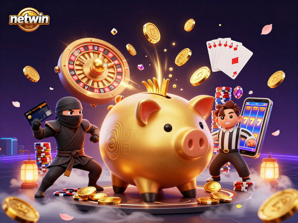 Experience netwin's dynamic online gaming with a golden piggy bank, ninja, and samurai in action.