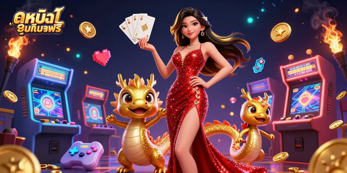 Engage in ดูหนังออนไลน์ฟรี with vibrant casino-themed elements and a stunning dragon mascot.
