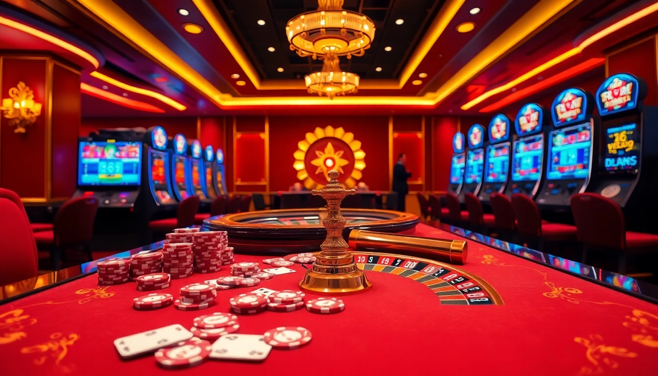 Experience the thrill of rr88 with luxurious casino gaming, featuring vibrant poker chips and a dazzling roulette wheel.