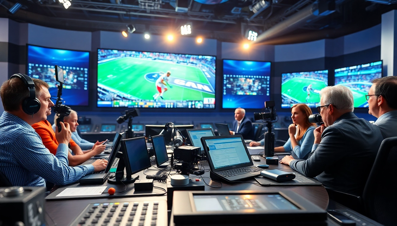 A vibrant scene of sports broadcasting with diverse commentators and advanced equipment.