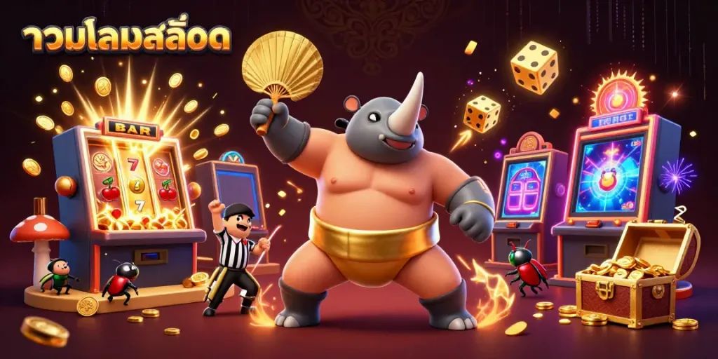 Experience thrilling gameplay with รวมเกมสล็อต amidst vibrant casino visuals in a dynamic 3D rendering.