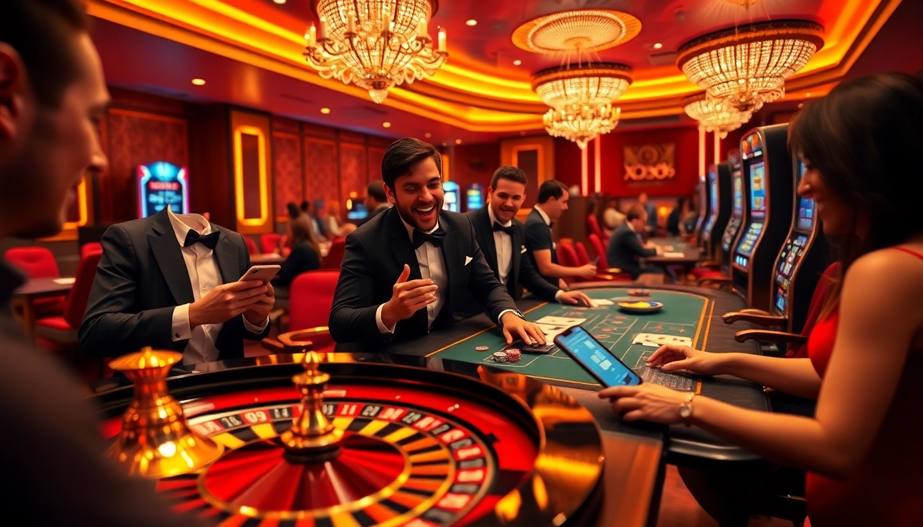 Xoso66 players enjoying an exciting casino experience with roulette, poker, and online gaming elements.