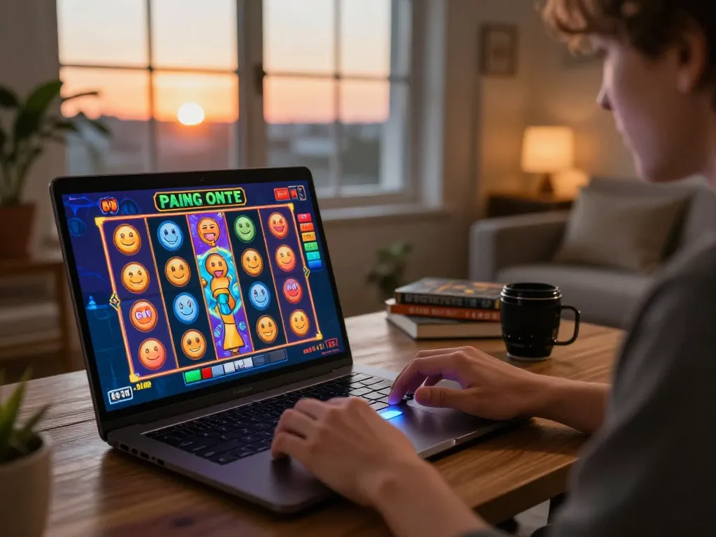 Engaged in slot online gameplay, a player prepares to spin the reels on a laptop in a cozy living room.