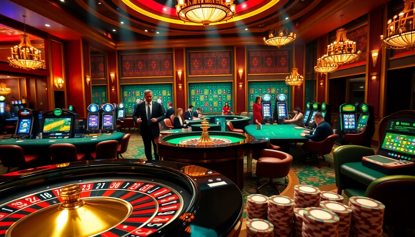 Croupiers engage players at a bustling casino with table games and slot machines, representing ok365pp gaming experience.