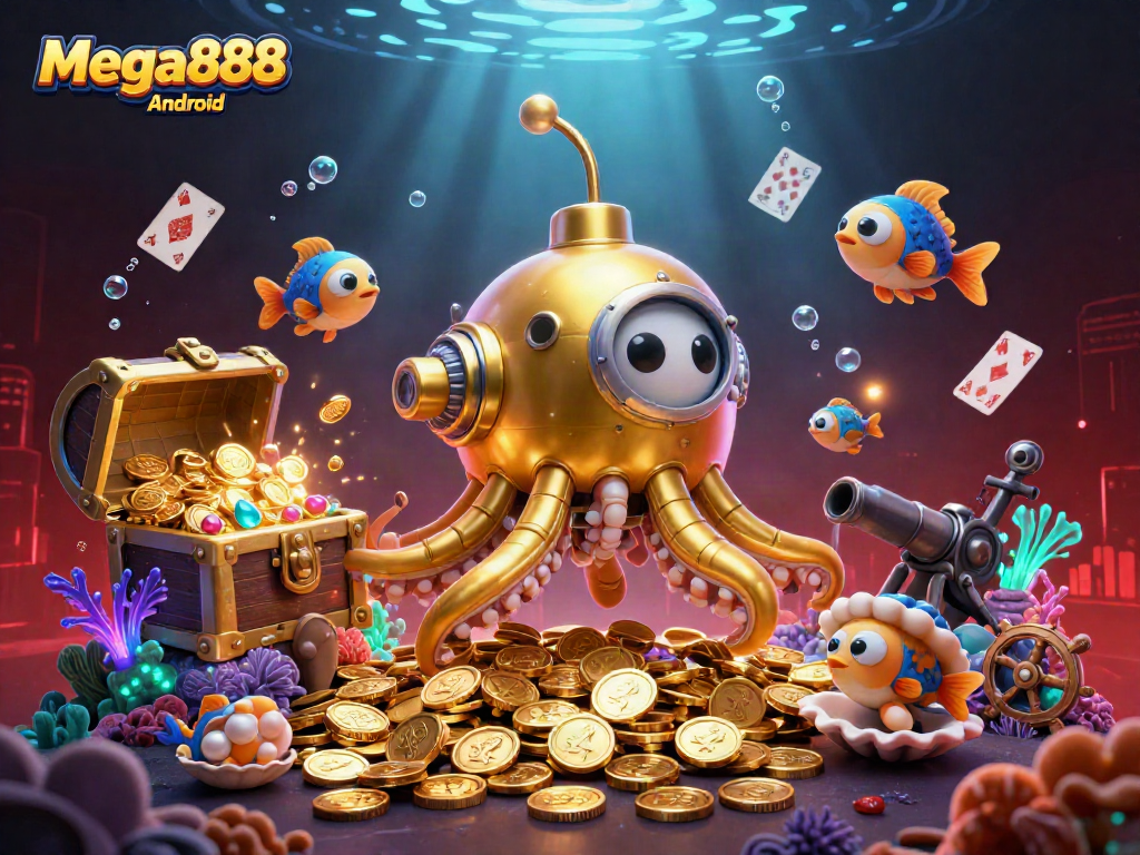 Join the excitement with Mega888 Android, experiencing thrilling gameplay beneath a sea of coins.