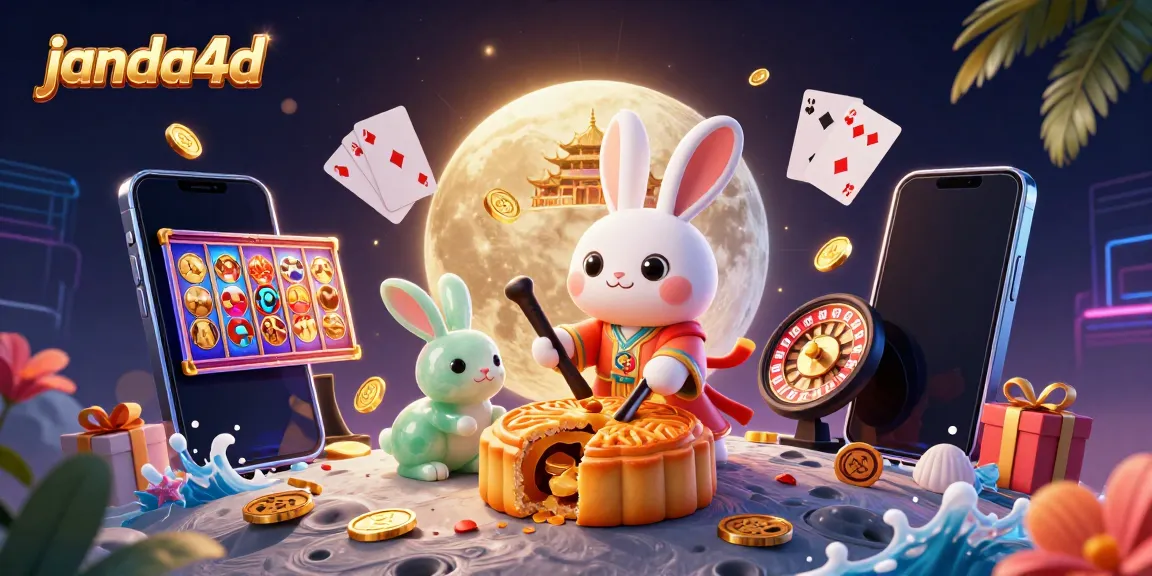 Permainan kasino janda4d dengan kelinci bulan tradisional dan chip poker muncul dari kue bulan.