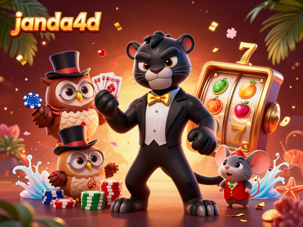 Janda4d hadirkan panther berjas yang menunjukkan kartu di kasino online, disertai permainan slot menguntungkan.