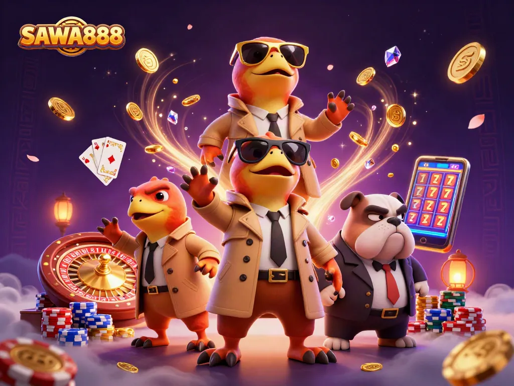 Engage with SAWA888 as raptors entertain in a dynamic casino scene filled with treasures.