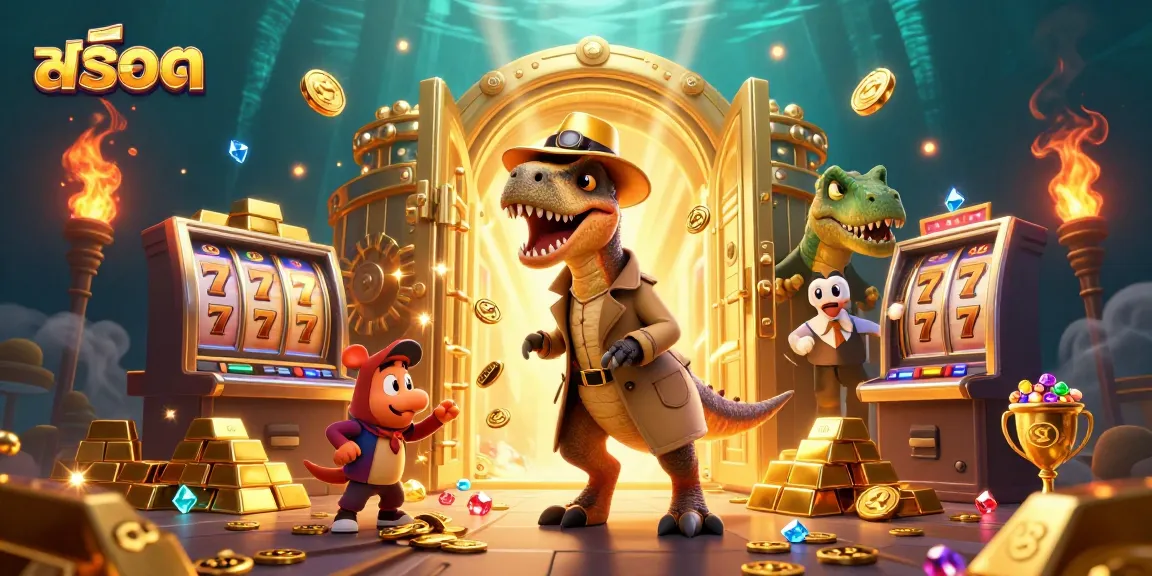 Experience the thrill of สล็อต with a velociraptor at a slot machine among treasure and excitement.