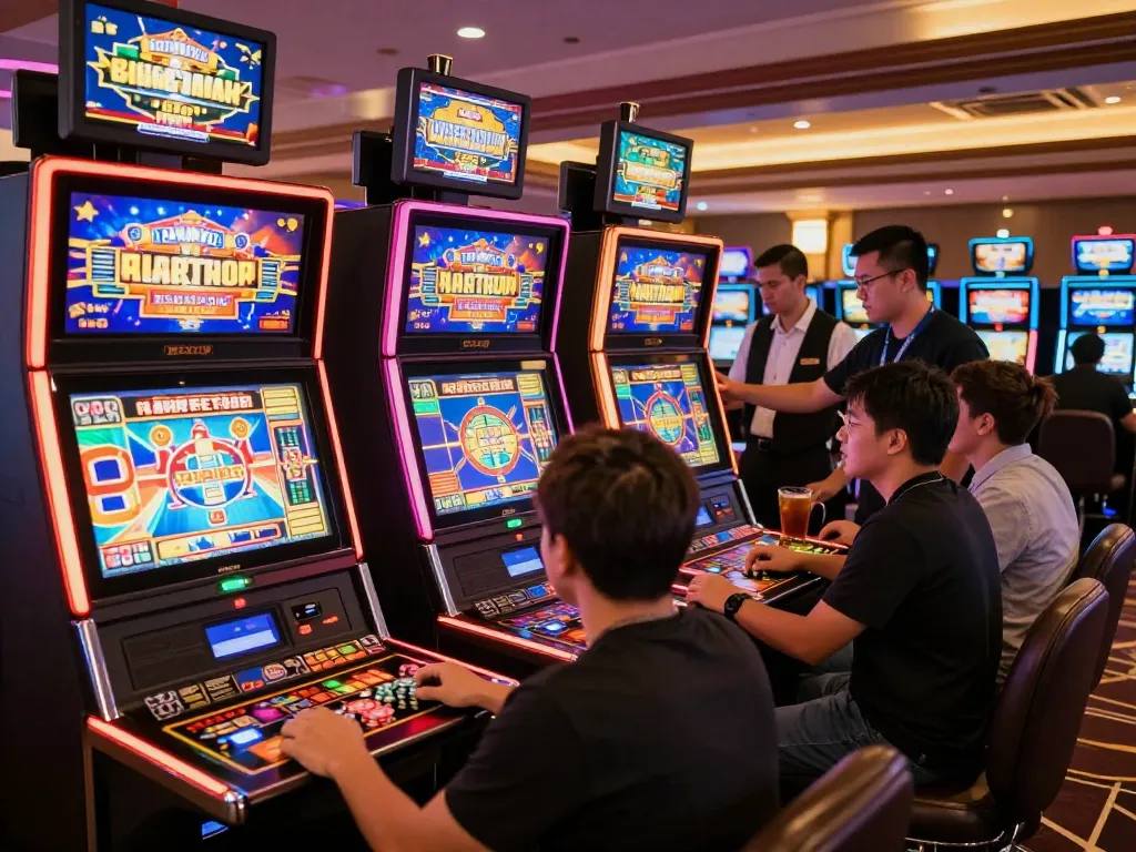 Players enjoying slots not on Gamstop in a lively casino ambiance, showcasing vibrant machine displays and warm lighting.