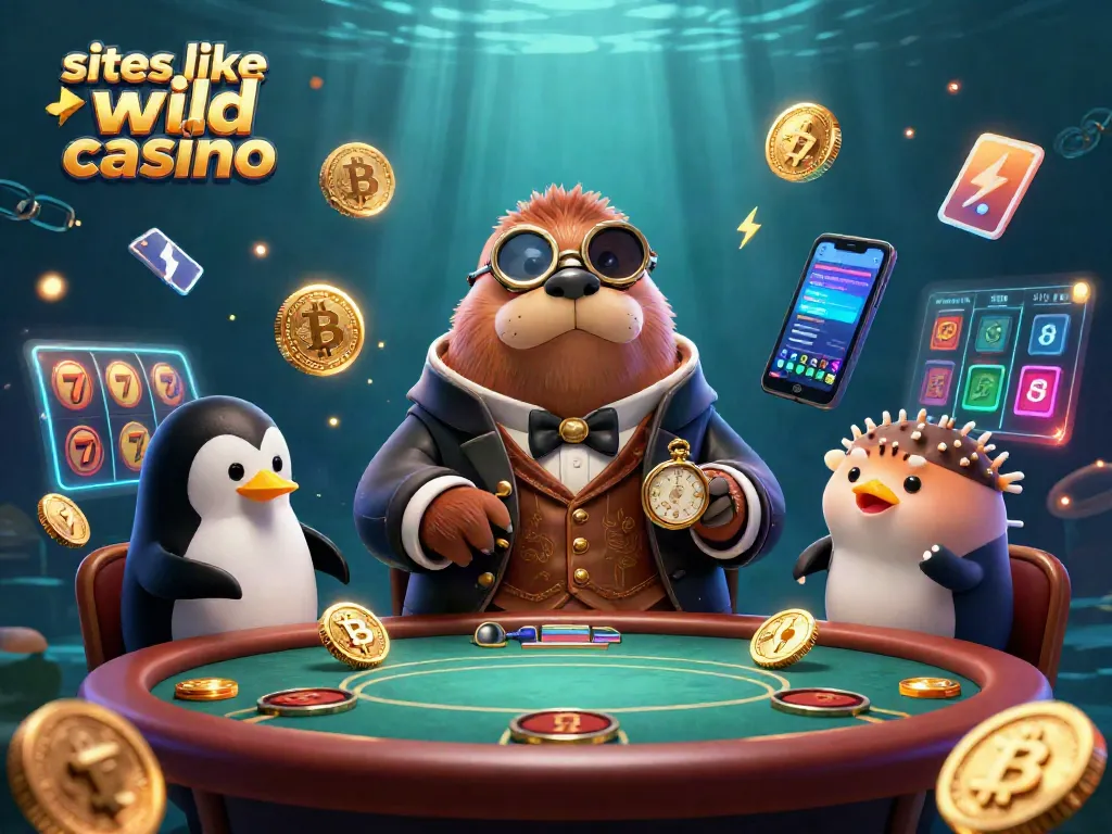 Play games like slots at sites like Wild Casino featuring a jolly walrus, penguin dealer, and pufferfish in a vibrant underwater scene.