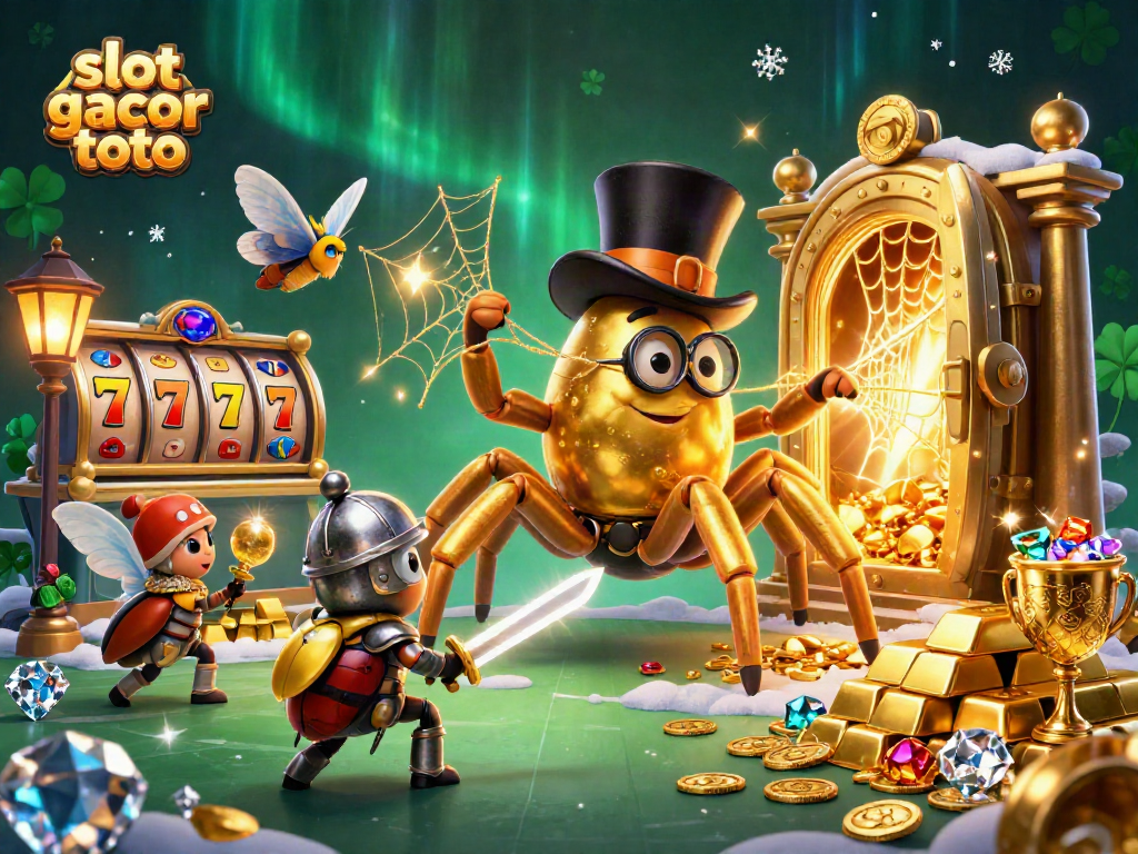 Engage with slot gacor toto and witness a thrilling casino scene featuring dynamic characters and rich treasures.