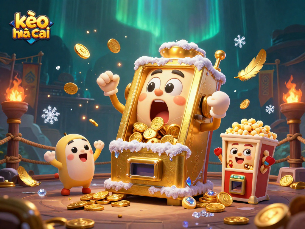Kèo nhà cái slots explode with excitement as a golden slot machine wins a jackpot, surrounded by cheering machines and coins.
