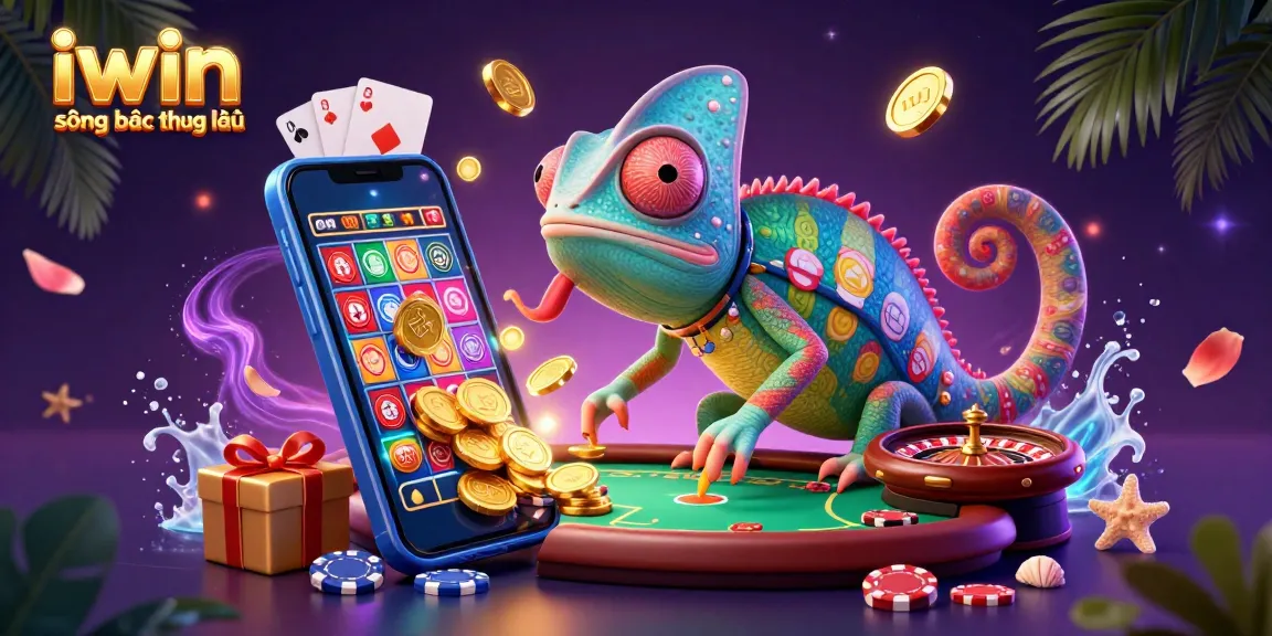 Experience the thrill of iwin sòng bạc thượng lưu, where a chameleon casino owner gathers coins amid games and exciting visuals.