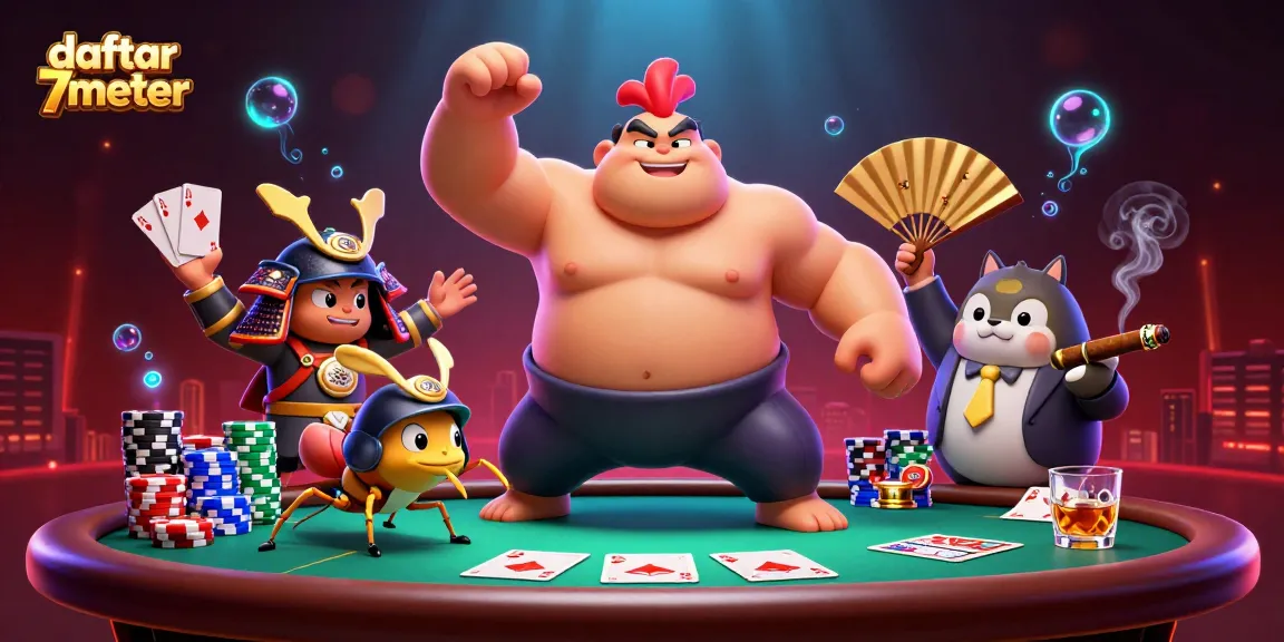 Engage in the excitement of daftar 7meter with a dynamic poker scene featuring unique characters.