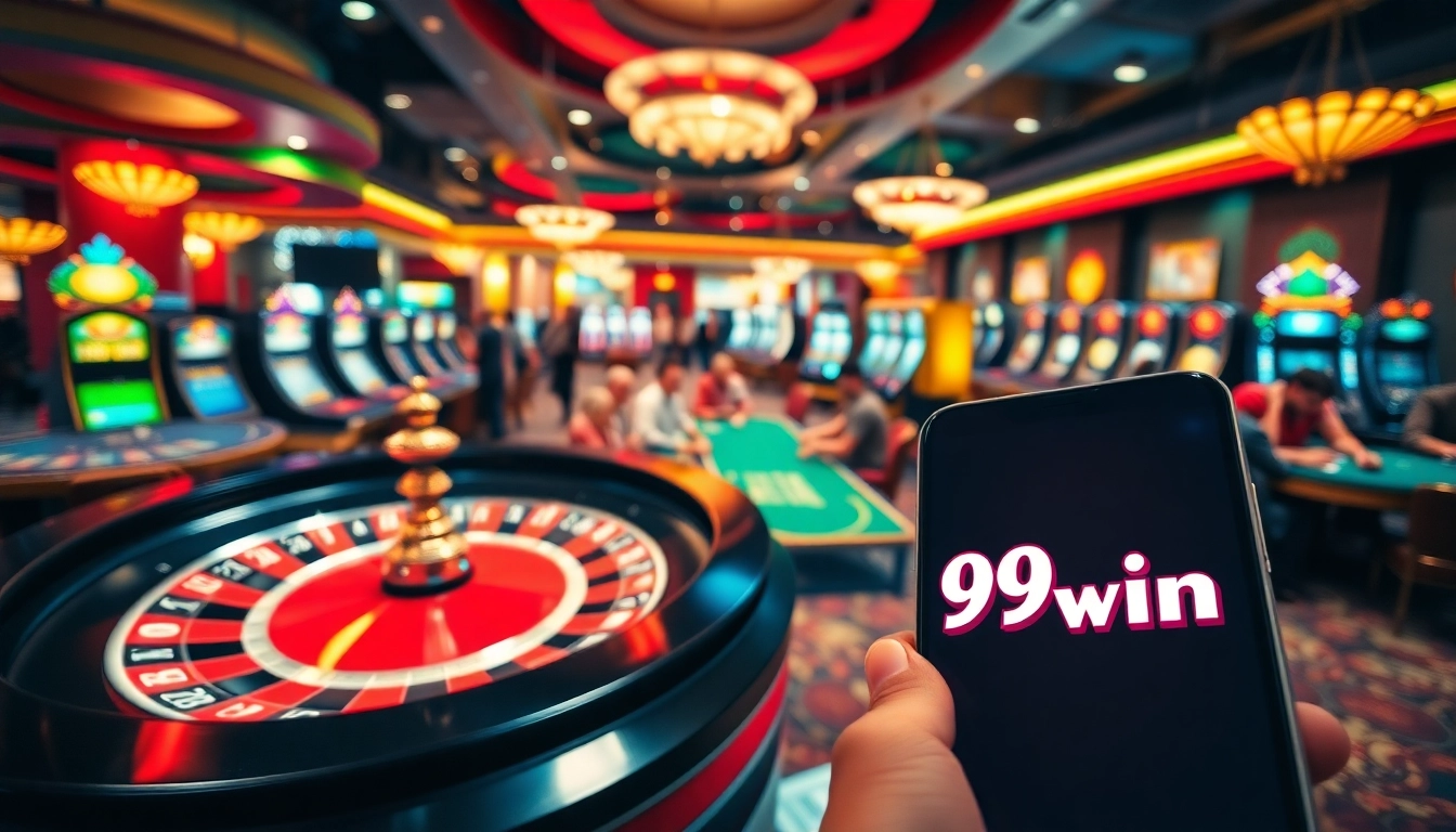 Experience the thrill of 99 win at a bustling casino, featuring poker tables and roulette.