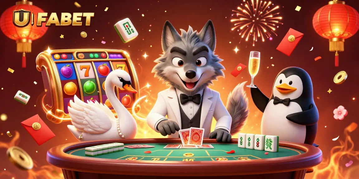 Bet on UFABET and enjoy thrilling slot games with vibrant 3D characters at a luxurious casino setting.
