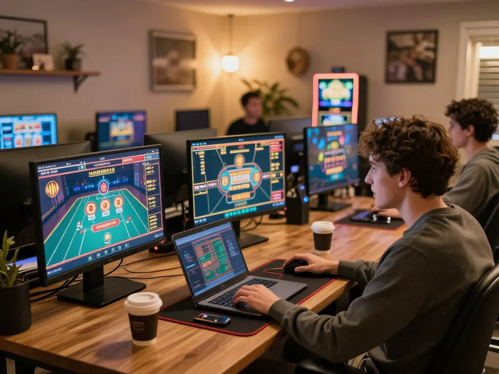 ATQ player engaging with live dealer games on multiple screens in a cozy home environment.