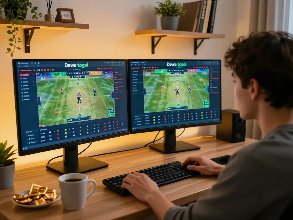 Dewa togel betting strategies at home, person analyzing odds on dual monitors.