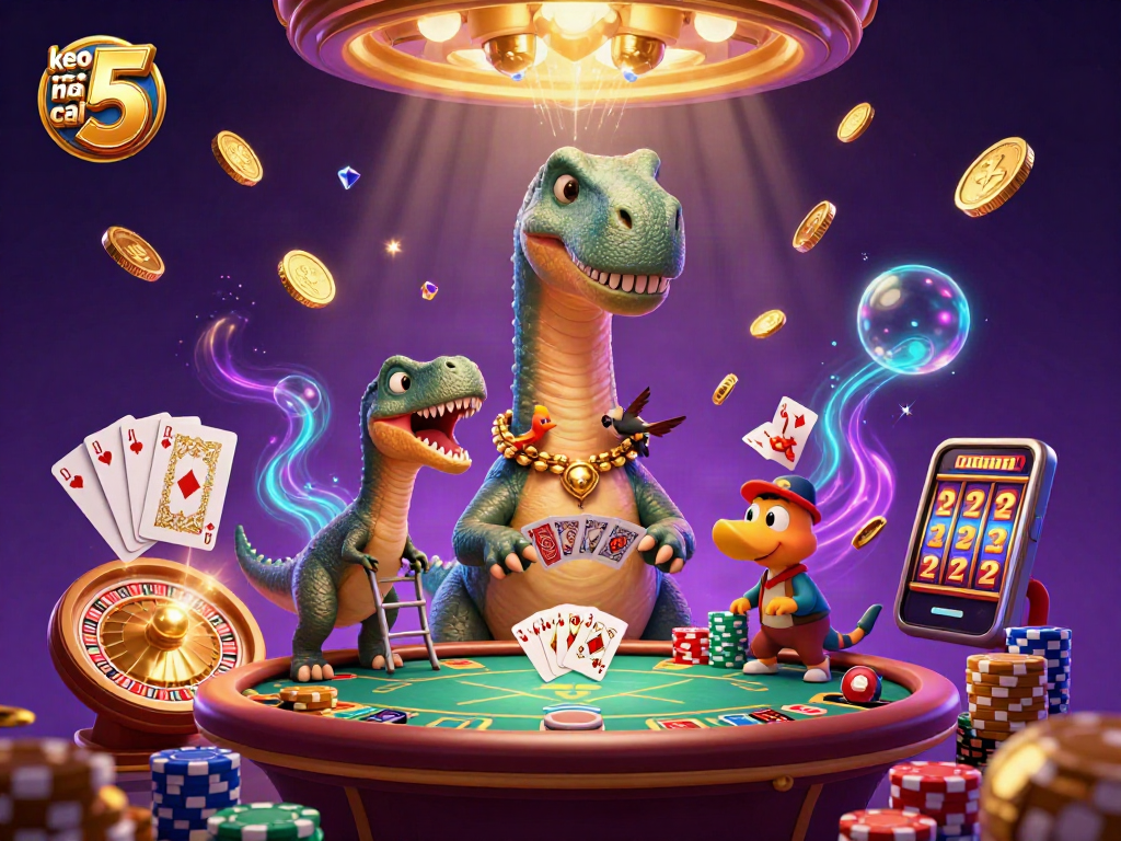 Engage with keo nha cai 5 through an exciting casino scene featuring a brontosaurus and clever raptor.