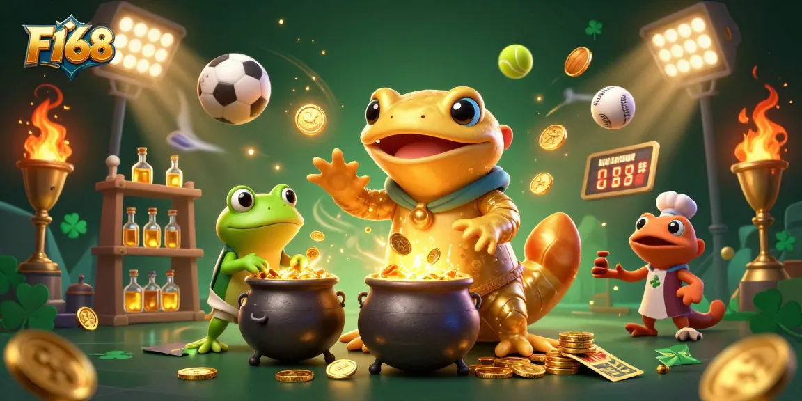 Bet on F168 with a vivid scene depicting a golden salamander and sports elements galore.