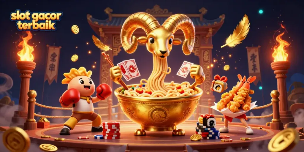Gambar slot gacor terbaik dengan karakter ramen dan elemen kasino yang menarik.